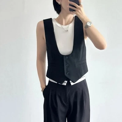 Damen Anzugweste Tanktops Schlanke Passform U-Ausschnitt Kurze Weste Ärmellos - Bild 1 von 4