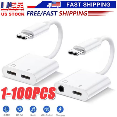 #ad 2in1 Charger and Headphone USB Type C to 3.5mm Aux Audio Cable Cord Adapter Lot $156.90