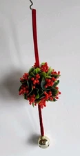 Vtg Plastic Holiday Christmas Mistletoe Hanging Decor Metal Bell 14" Red Ribbon