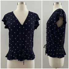Rails Top Women's Small Bretton Navy Polka Dots Ruffle Button Up Short Sleeve