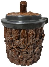 Antique French Salt Glazed Tobacco Jar Applied Branches Acorn Hinged Lid 6in SEE
