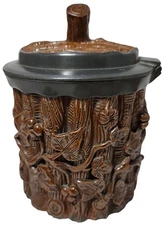 Antique French Salt Glazed Tobacco Jar Applied Branches Acorn Hinged Lid 6in SEE