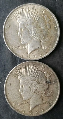 Two 1922 $1 Peace Silver Dollars