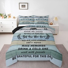 Camping Rules Comforter Set for Boys, Country Camper Decor Bedding Set Wooden...