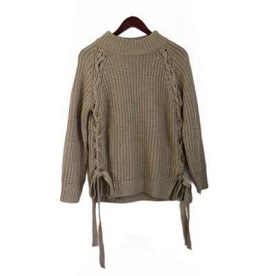 Sweet Rain Beige Chunky Knit Lace Up Long Sleeve Sweater Women s Size XL