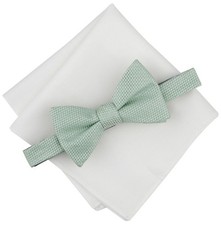 New Mens Bar III Green Lombard Textured Bow Tie  White Solid Pocket Square Set