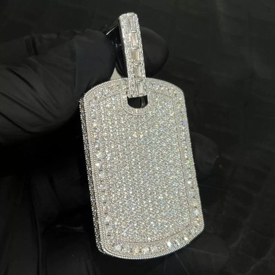 3 Ct Round Lab Created Diamond Men's Dog Tag Charm Pendant Sterling Silver 1.5''