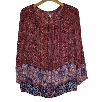 Lucky Brand Blouse Top Large L/S  Red Pink Floral Tile Peasant Boho Hippie