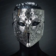 Metal Laser Cut Venetian Buata Style Halloween Men Masquerade Mask (Silver)