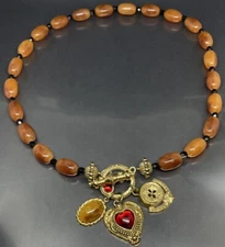 1928 Women’s Necklace Gold Tone Metal Lucite Beaded Jelly Belly Dangle Charm