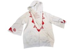LUCKY BRAND White Hooded Pullover Sweatshirt w/ Red Floral Embroidery Size M