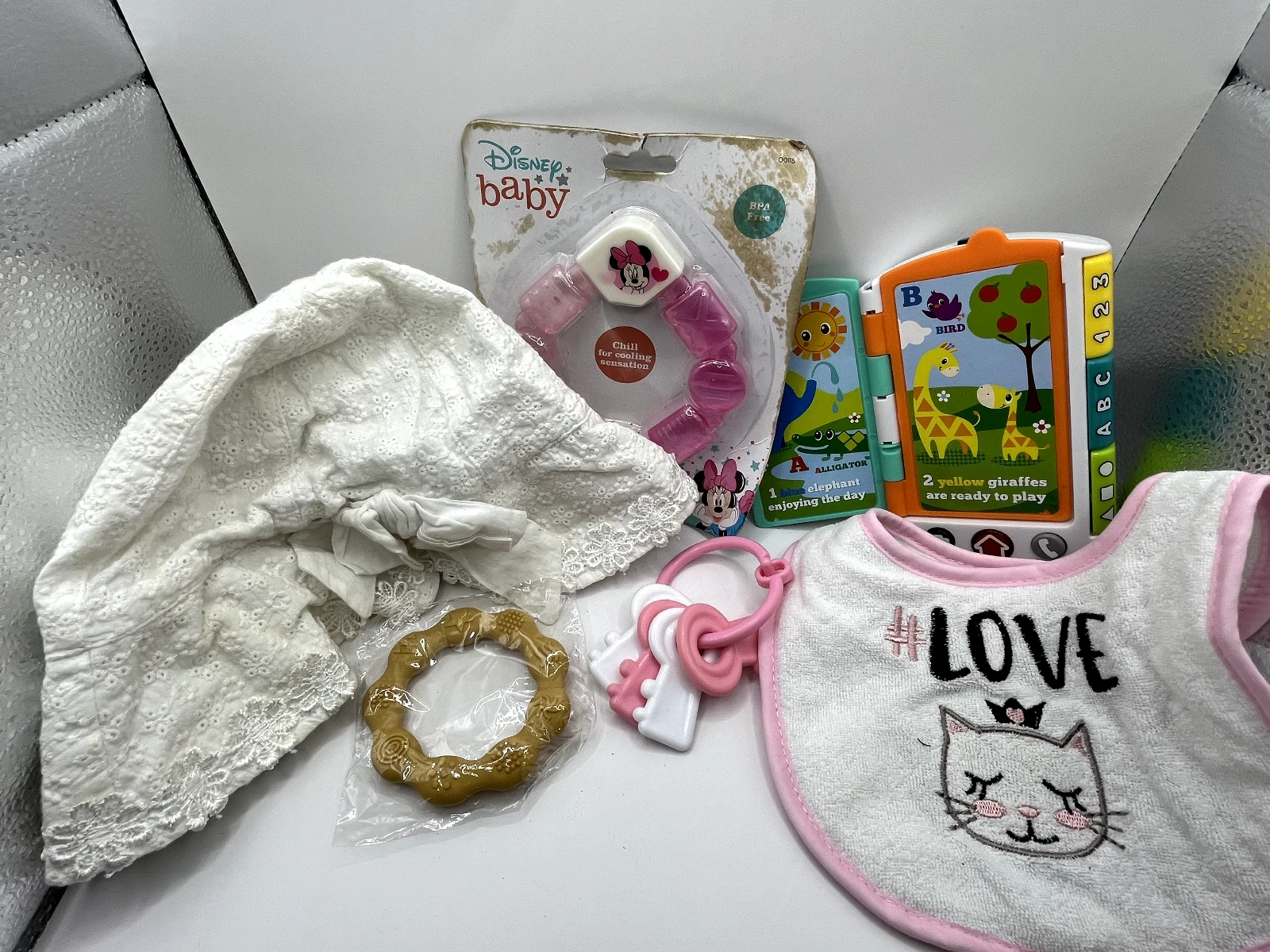 Baby Girl Hat Bib Disney Baby Teething Rings ABC 123 Shapes 6" Sensory Toy
