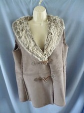 Brown Suede Sleeveless Jacket With Faux Fur Collar - B M - Size 16 - New