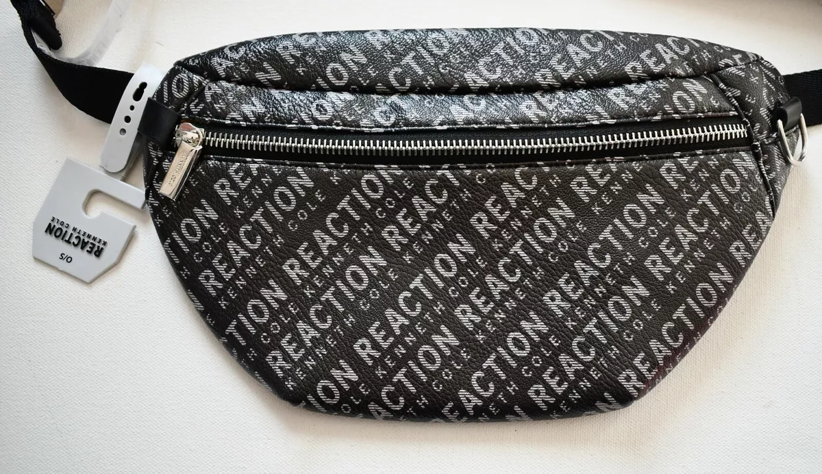 52 NEW Auth KENNETH COLE REACTION Black Gray LOGO Printed BELT BAG FANNY PACK