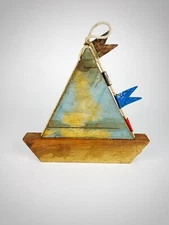 Handcrafted Wood Boat Nautical Decor Iron Flag Accents On Jute Rope Blue Grey