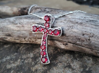 Sterling Silver 925 Raspberry Rhodolite Garnet Cross Pendant Chain Necklace NEW