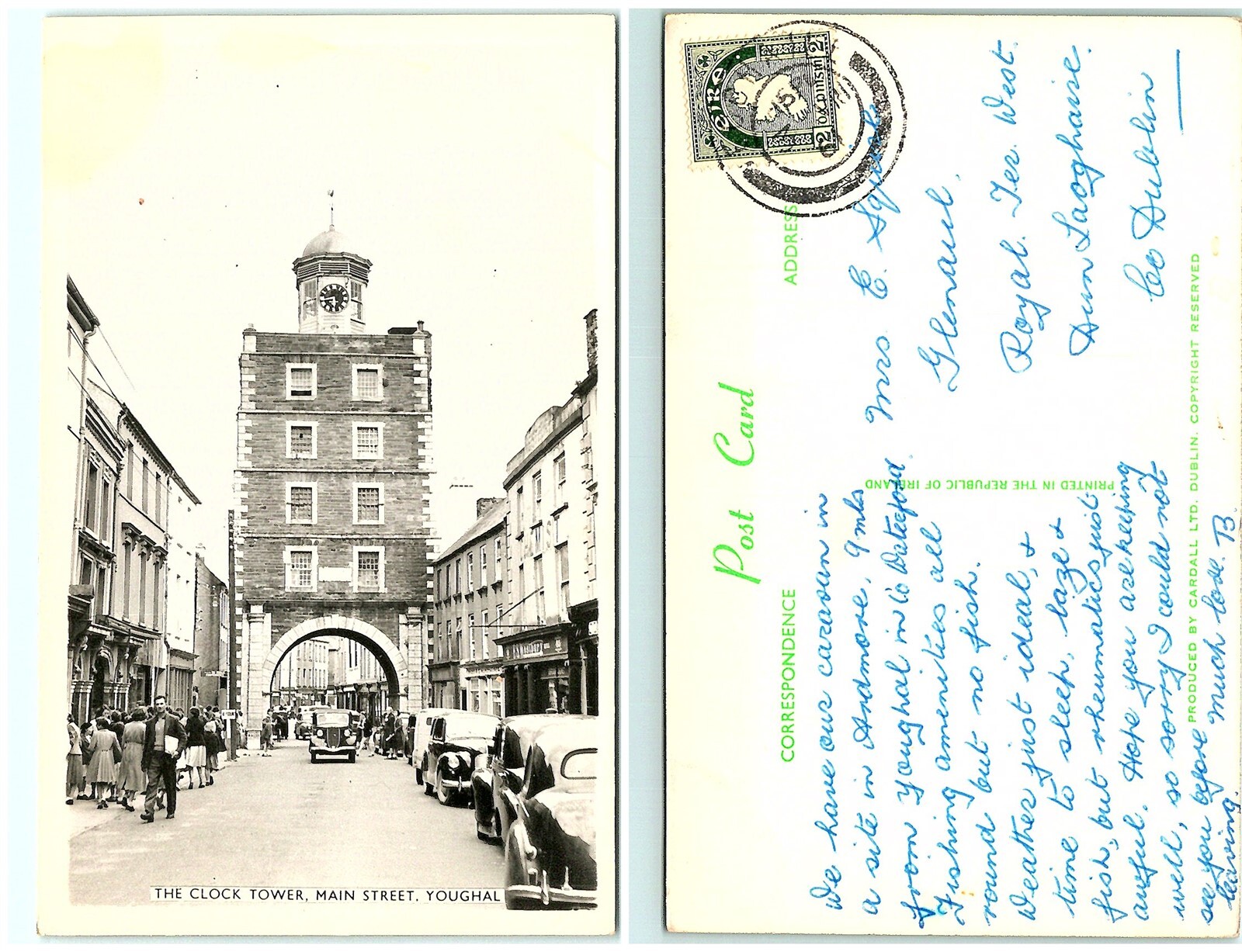 S03-1373, THE CLOCK TOWER, MAIN STREET, YOUGHAL, IRELAND 1961 POSTMARKED, RPPC