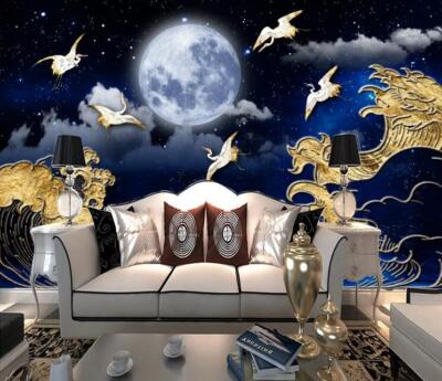 Papier peint boutiques 3D jaune nuages lune ZHUB10320 mural amovible auto-adhésif Ann