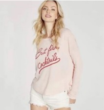 WILDFOX Womens Pink Pullover Sweatshirt Small  But First Cocktails  Casual Comfy