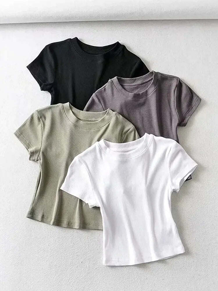 Camiseta corta ajustada elástica ajustada con cuello en O para mujer