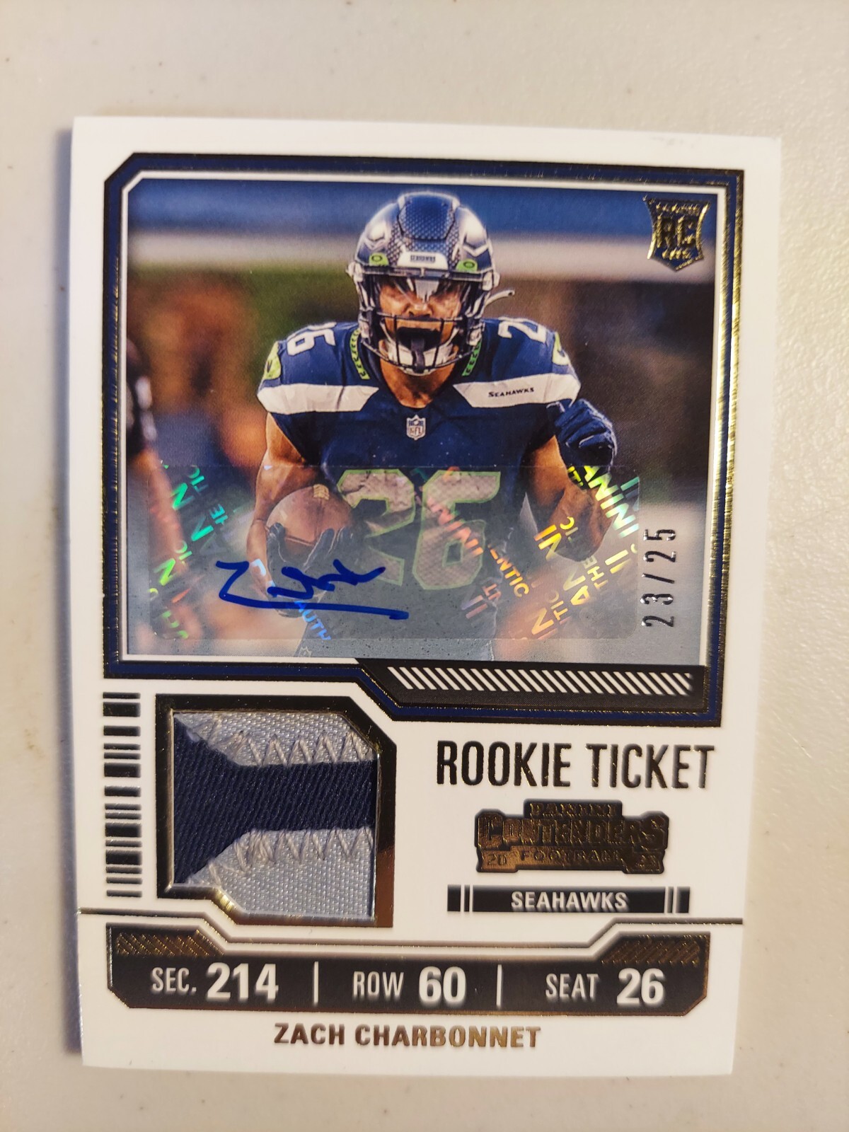 2023 Contenders Zach Charbonnet Gold Foil Rookie Ticket RC Auto Patch /25
