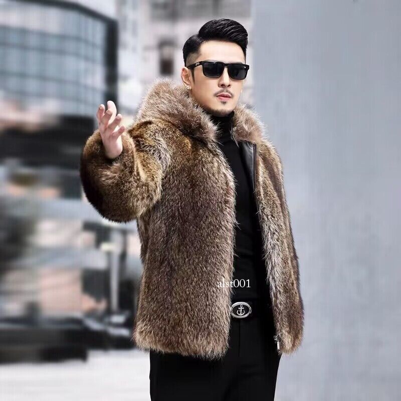 ジャケット・アウター OUNCE base fur collar coat Mens Hooded Short Faux Raccoon Fox Fur Collar Coat Jacket