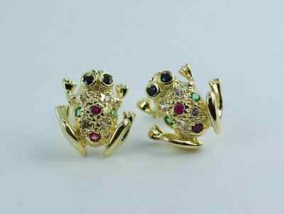 Lab Created Emerald Sapphire Ruby Frog Stud Earrings 14K Yellow Gold Plated