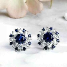 Halo Round Blue Sapphire 3Ct Lab Created Stud Earrings 14K White Gold Finish
