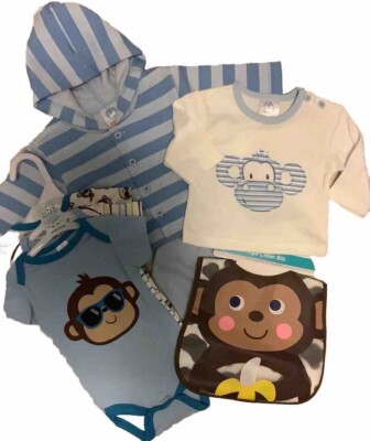 Neugeborene 7-teiliges Paket Baby Junge frecher Affe Set Top, T-Shirt, Hosen, 3 Weste + Lätzchen