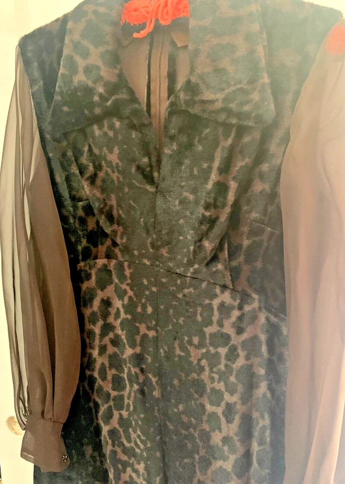 Vestido Vintage Años 60 Estampado Guepardo Cintura Imperio Cuello Piel Manga Transparente Mod Retro Foto 3 de 4