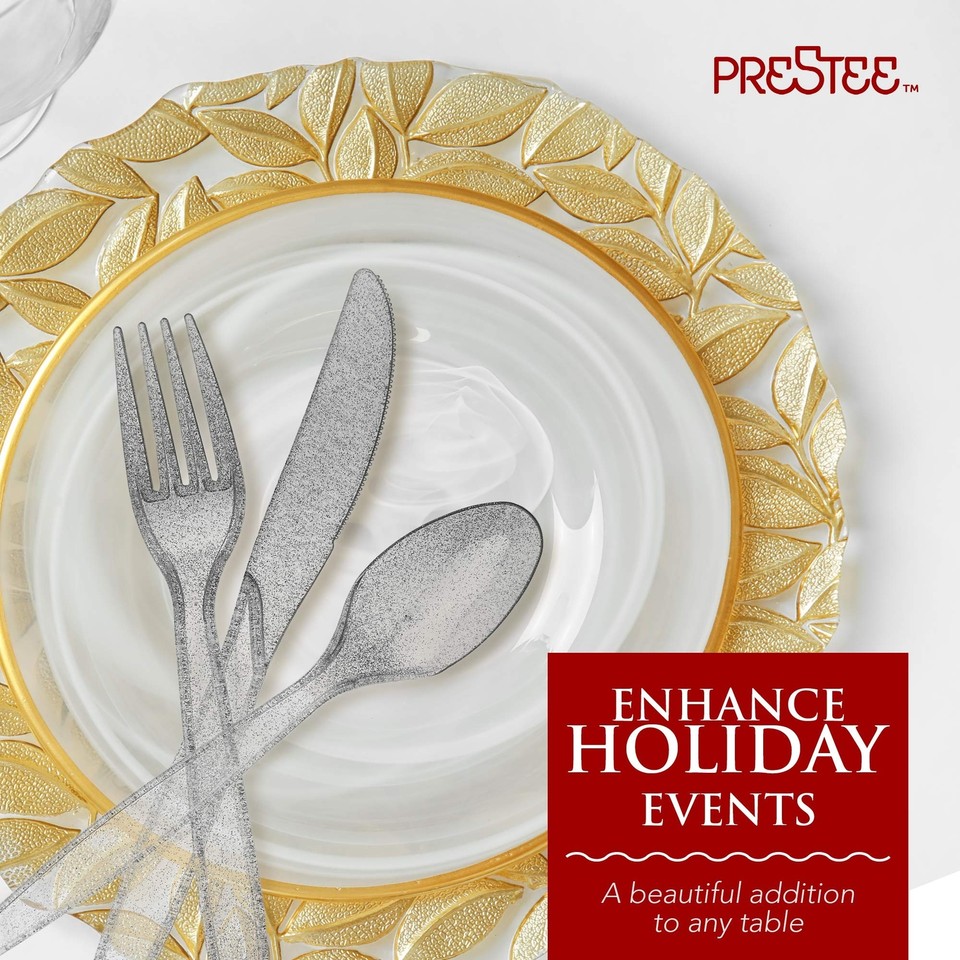 180 Plastic Silverware Set Silver Glitter Clear Plastic Cutlery Set