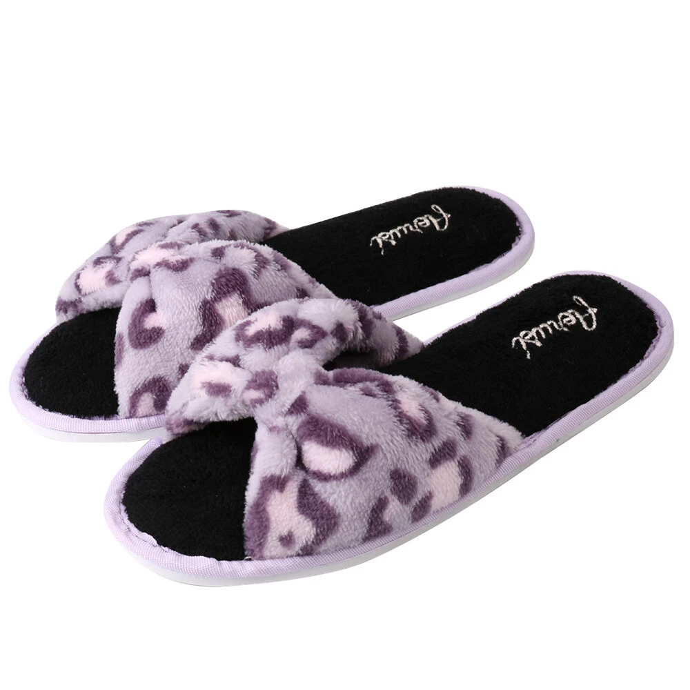 Aerusi Purple Women s Slide Open Toe Bow Plush Spa Slipper Indoor