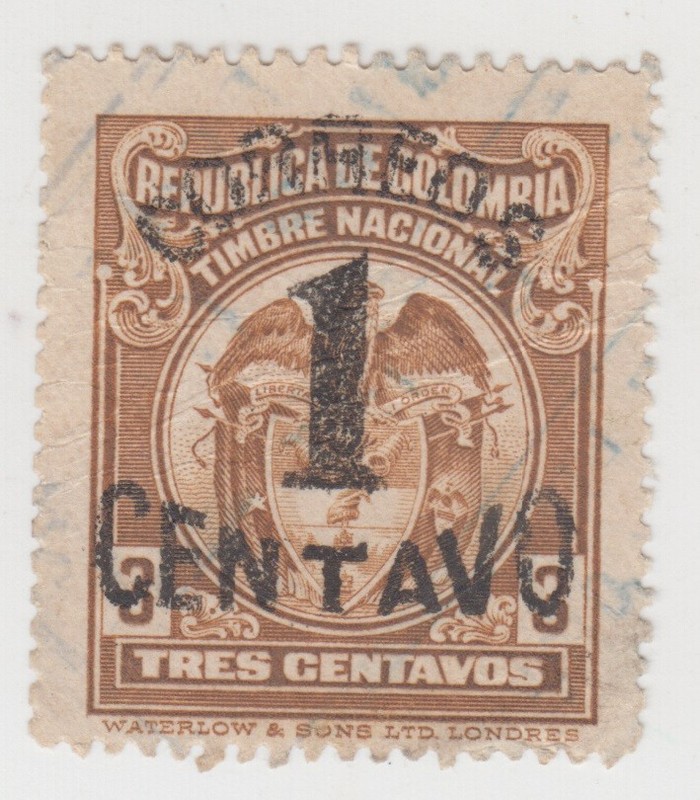 Colombia Revenue of 1917 Surcharged/Overprinted. Coat of Arms. 1 centavo over 3c