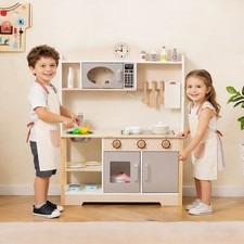 Wooden Play Kitchen for Kids Cooking Toy Playset w/ Microwave Stove Dish Rack