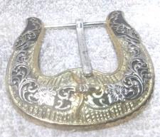 Large Engraved Western Buckle Texas Longhorns Center Gold Rim Great Shape