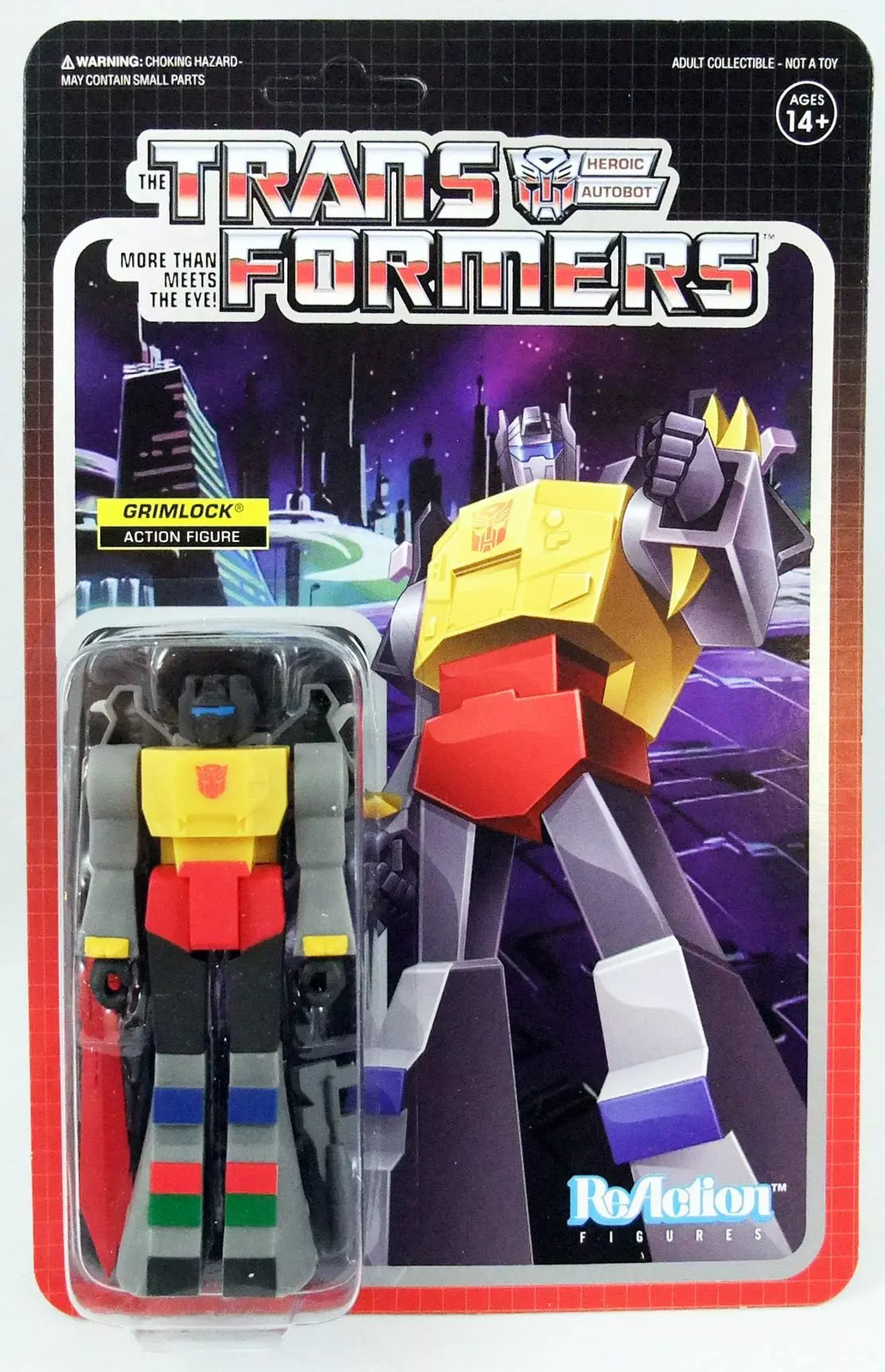 Figurine Transformers Super7 ReAction de Grimlock, modèle rétro articulé en PVC gris de 10 cm