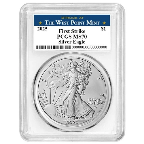 2025 $1 American Silver Eagle PCGS MS70 FS West Point Label White Frame