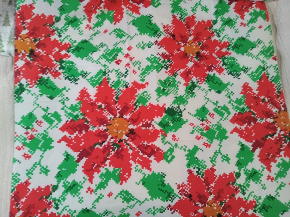 Edredón artesanal vintage de tela de dígitos 35"X28" Navidad rojo verde flor de pascua poli algodón Foto 3 de 4