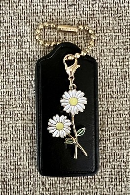 Genuine Coach 2.25  Black Leather Hangtag Double White Daisy Charm New