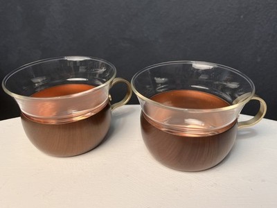 JENA GLAS Glass And Copper Vintage Tea Cups Schott & Gen Mainz Metal Holders