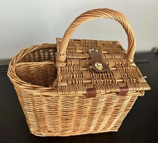 Vintage 1960s Wicker Wine & Cheese Picnic Basket Citrus Lining Mid Century