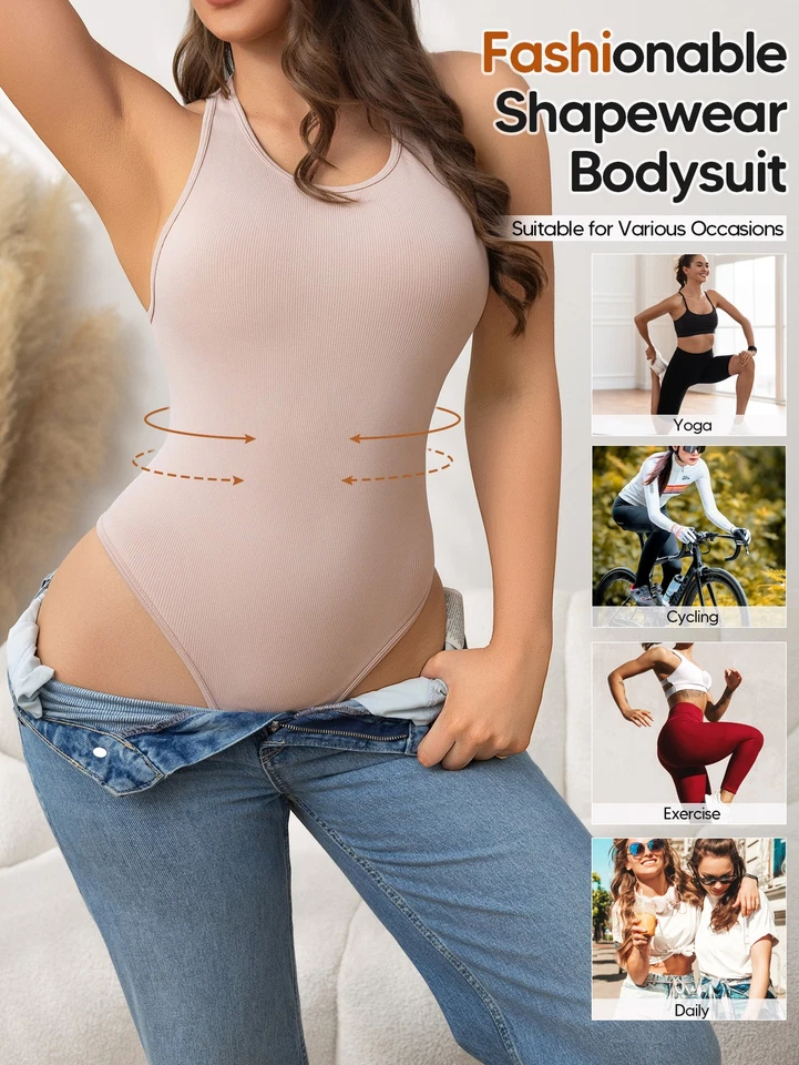 女士紧身衣无缝方领罗纹宽肩带性感丁字裤紧身衣 — 第 4/4 张图片