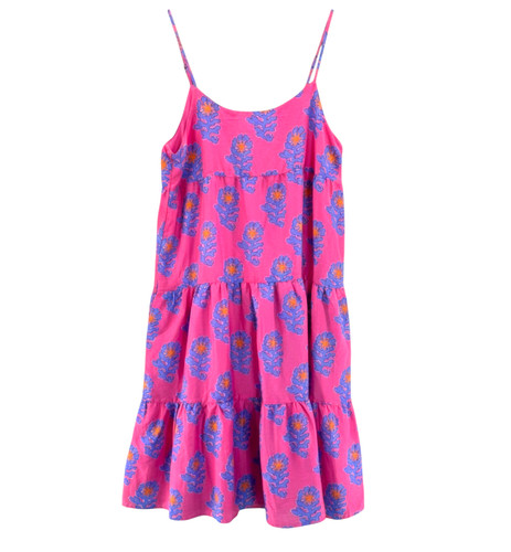 J. MARIE DRESS Vibrant Pink w/Purple PIPER MIDI TIERED STRAPPY Button@Back XS