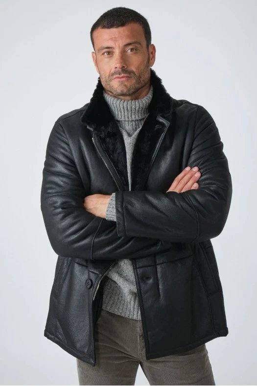 Men's Black RAF Real Sheepskin Parka Trench Coat Shearling Fur Leather Jacket