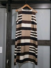 Tory Burch 100% Silk Plaid Shift Dress Sleeveless Neutral Check Midi Size 6