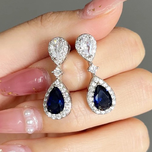 5 Ct Blue and White Pear Lab Created Diamond 925 Sterling Silver Dangle Earrings - Picture 4 of 5