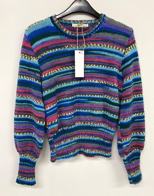 Handmade Pullover Damen S blau rosa gestreift Wolle Slow Granny's Handmade S13