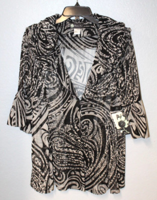 NEW Damee Inc. Blouse Women SMALL Sheer Mesh Ruffle Neck Bell Sleeve Two Buttons