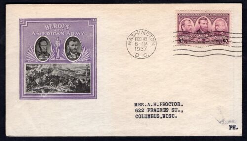 USA 1937 FDC Cover. Army Heroes. Sherman, Grant