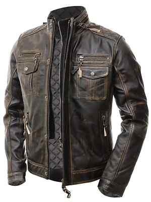 Men s Motorcycle Biker Vintage Distressed Brown Cafe Racer Real Leather Jacket
